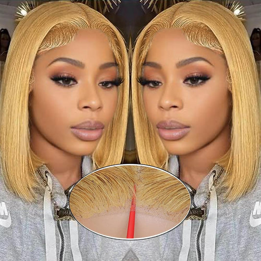 GUDOZO #27 Honey Blonde Bob Wig Human Hair Glueless 14inch Glueless Wigs Human Hair Pre Plucked Pre Cut with Baby Hair 9X6 HD Lace Front Wigs For Black Women 200% Density Straight Bob Wigs
