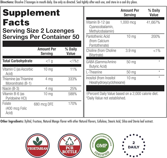 KAL GABA L-Theanine Stress B Lozenge, B Complex Vitamin Supplement, Healthy Relaxation, Mood & Focus Support, Natural Mango Tangerine Flavor, Vegan, 50 Servings, 100 Lozenges