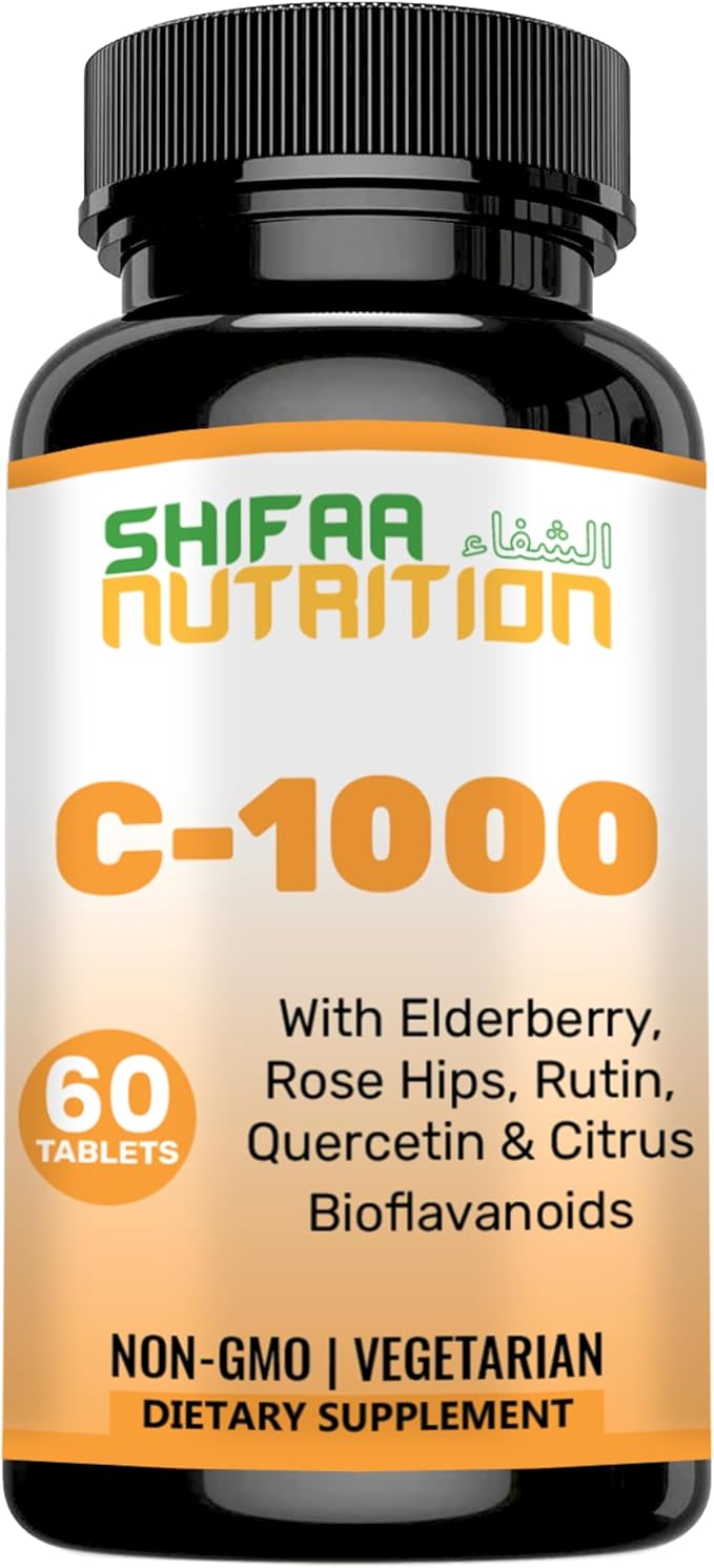 Halal Vitamin C-1000mg Tablets, 60 Days Supply. Immune Support Supplement with Vitamin C, Elderberry, Quercetin, Rose HIPS & Rutin. Vegetarian, Non-GMO, Sugar Free & Keto Friendly