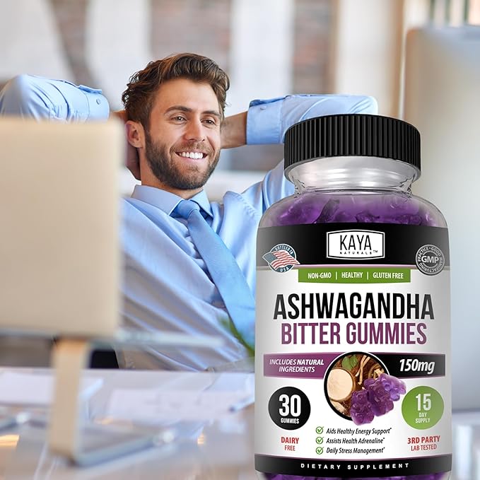 Kaya Naturals Ashwagandha Bitter Gummies - Natural Stress Relief, Boost Energy & Mental Clarity, Non-GMO, Gluten-Free, Chewable Gummies - 30 Count
