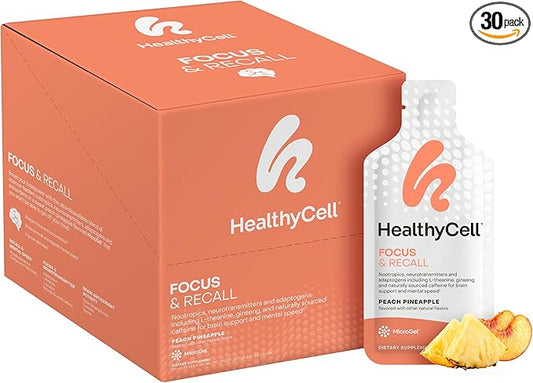 Healthycell Focus & Recall, Daily Liquid Brain Supplement for Focus & Memory - Nootropics Supplement for Concentration & Alertness with L-Theanine, Omega-3 & Taurine - 30 Gel Packs