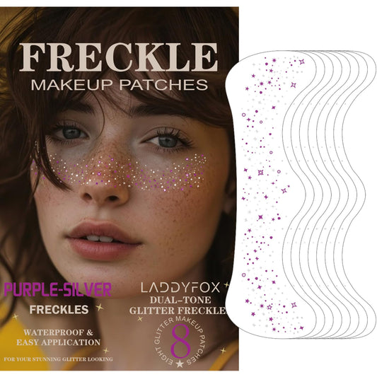 8 Pcs Dual-tone Face Makeup Patches, Gold-silver Glitter Freckles, Glitter Freckles Face Tattoo, Waterproof Face Sparkle Freckles, Long-Lasting 48h Freckles for Women (8Pcs Purple-silver)