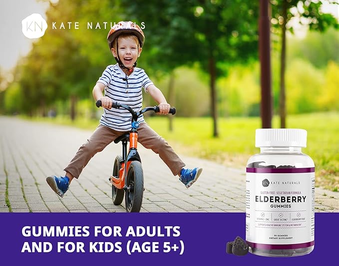 Kate Naturals Elderberry Gummies with Vitamin C and Zinc for Adults & Kids. Tasty Sambucus Elderberry Gummies for Immune Support (90 Gummies, 45 Day Supply)