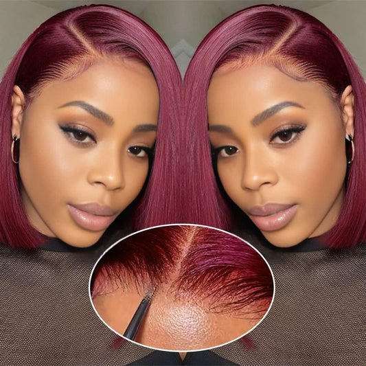 GUDOZO Bob Wig Human Hair Glueless 99J Burgundy 14 Inch 9x6 HD Lace Front Glueless Wigs Human Hair Pre Plucked Pre Cut 200% Density Straight Bob Wigs for Black Women