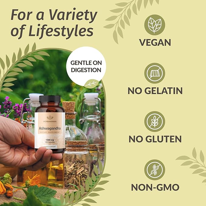 HERBAMAMA Ashwagandha Capsules - 1500mg Pure Ashwagandha Root Focus Supplement - Vegan, Non-GMO Mood & Calm Support Supplement for Adults, 100 Caps