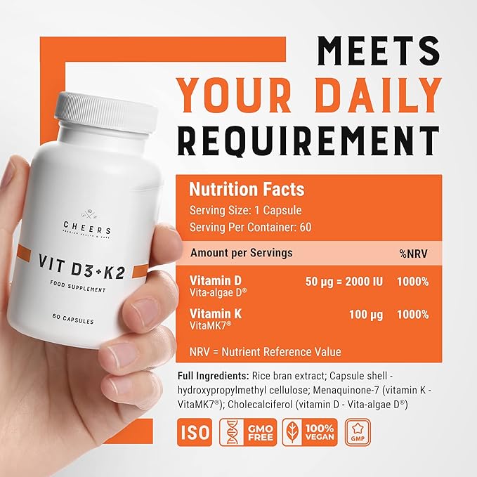 CHEERS - Vitamin D3 (a Natural Form of Vitamin D) & Vitamin K2 Food Supplement for Adults, 133% Daily Intake VIT K2 – 2000 IU Vitamin D in 1 Capsule Gluten-Free - for Men and Women