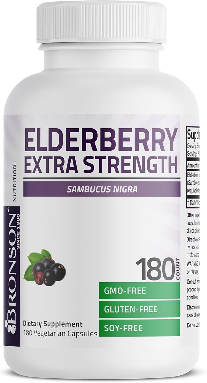 Bronson Elderberry Extra Strength, Supports Healthy Immune System & Antioxidant Protection, Non GMO, 180 Vegetarian Capsules