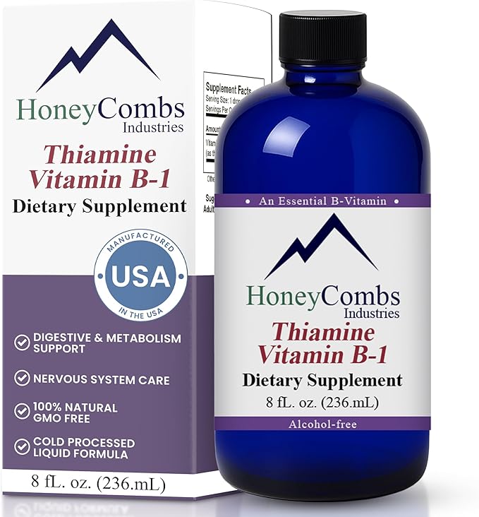 HoneyCombs Vitamin B1 Supplement (Thiamine) Liquid Drops - High Potency Thiamine B1 Supplement for Men & Women - Maintain Nervous System, Energy & Overall Health - Vegan Liquid B Vitamins (8 Fl oz)