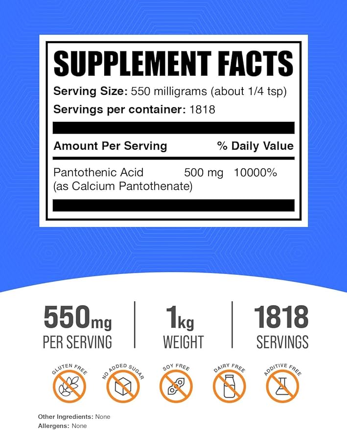 BulkSupplements.com Vitamin B5 Powder - as Calcium Pantothenate, B5 Vitamins - Gluten Free, 500mg of Vitamin B5 Pantothenic Acid per Serving, 1kg (2.2 lbs) (Pack of 1)