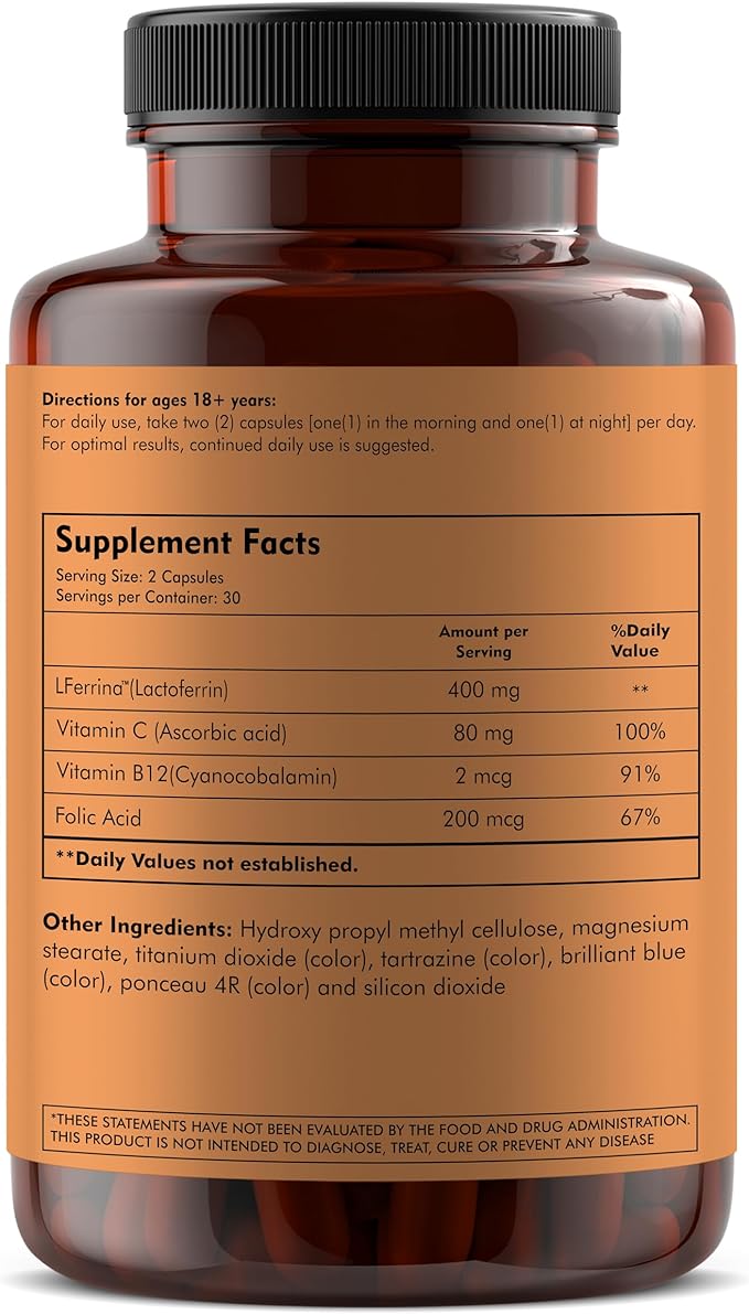 lactoferrin Supplement with Vitamin C for Men & Women Reduces Oxidative Stress,Antioxidants,Strengthens Immunity,Protects Against Infections- 60 Veg Capsules