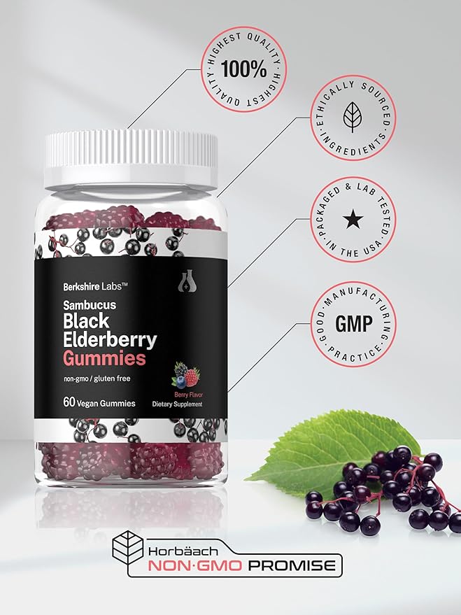 Horbaach Sambucus Black Elderberry Gummies | 60 Count | with Zinc and Vitamin C | Vegan, Non-GMO, Gluten Free Extract for Adults | Berry Flavor | by Berkshire Labs