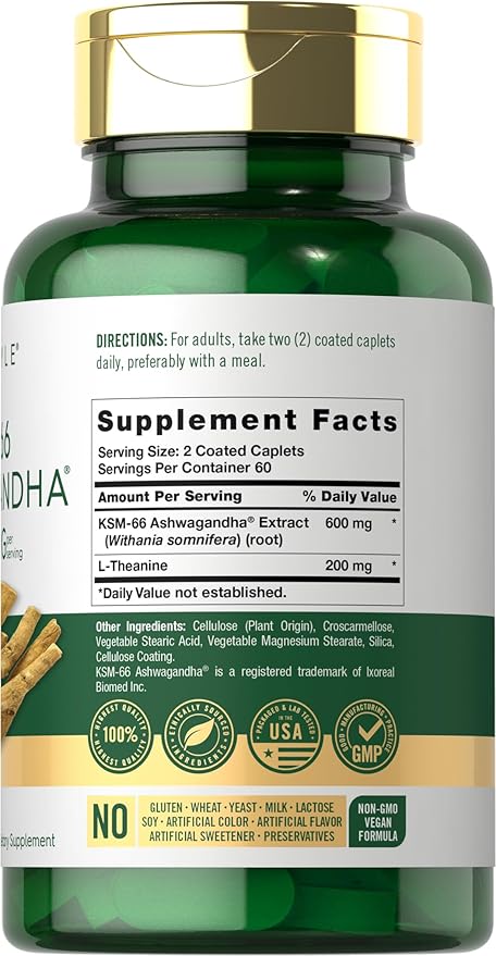 Carlyle KSM-66 Ashwagandha 600mg | 120 Caplets | Extract Supplement with L-Theanine | Vegan, Non-GMO, Gluten Free
