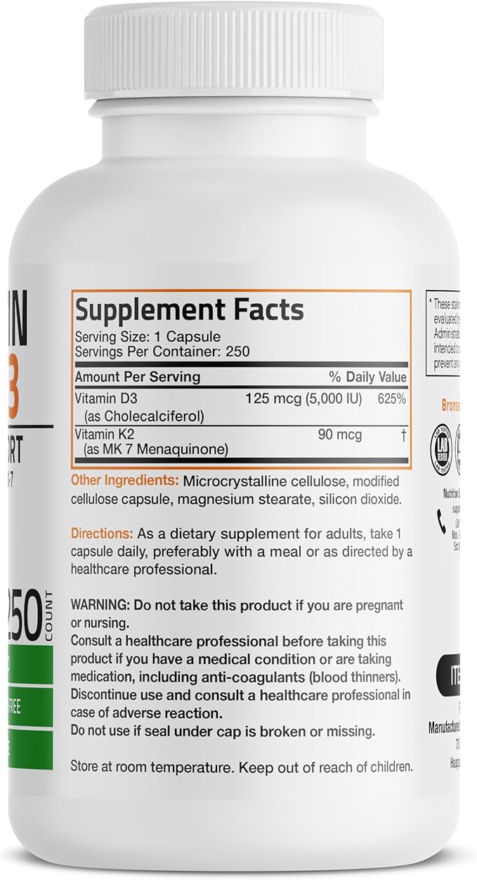 Bronson Vitamin K2 (MK7) with D3 Supplement Non-GMO Formula 5000 IU Vitamin D3 & 90 mcg K2 MK-7 Easy to Swallow D & K Complex, 250 Capsules