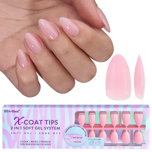 BTArtbox XCOATTIPS Natural Nail Tips -Short Almond Press On Nails Pink, Long Lasting Soft Gel Nails False Nail, Soak Off Acrylic Fake Nails Extensions for Nail Art DIY