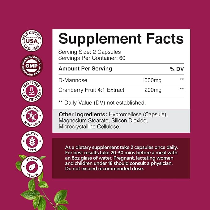 D Mannose with Cranberry Supplement - Potent D Mannose 1000mg Capsules for Kidney Defense Support & Cleanse and Urinary Tract Health for Women & Men - Bladder Health Supplement for Adults - 120 Count