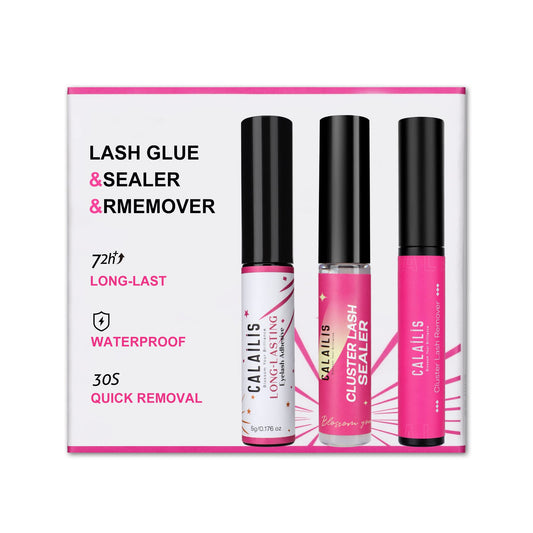 CALAILIS Cluster Lash Glue Lash Sealer and Lash Remover Kit, Super Strong Hold and Long Lasting 72 Hours Lash Bond and Seal Quick Gentle Clean Non-Irritating Lash Extension Remover
