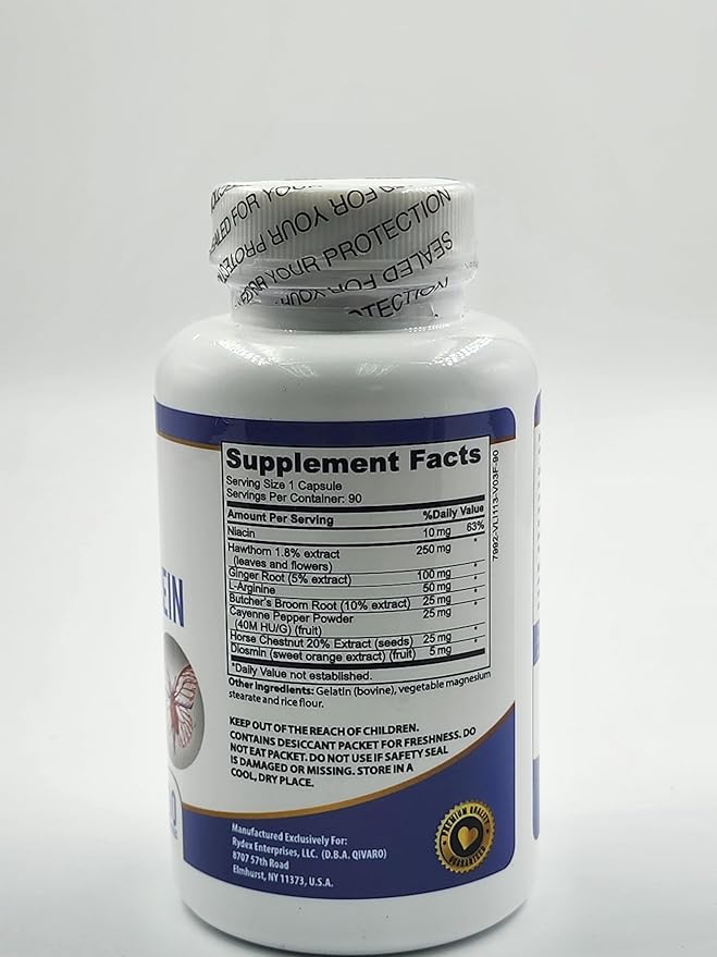 Circulation & Vein Pro Supplement - Contains Niacin, L-Arginine, Ginger, Cayenne Pepper, Hawthorn & Diosmin - 90 Capsules