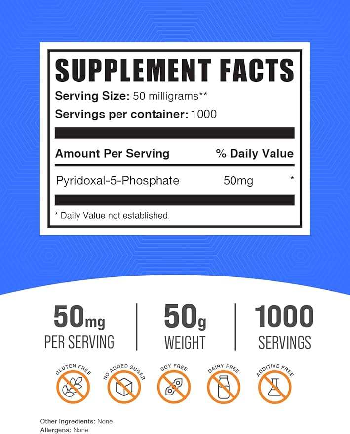 BulkSupplements.com Pyridoxal 5 Phosphate Powder - P-5-P Vitamin B6 Supplement, P-5-P 50mg - P5P Supplement, Gluten Free, 50mg of per Serving, 50g (1.8 oz) (Pack of 1)