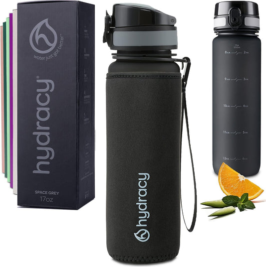 Hydracy Water Bottle with Time Marker - 500 ml 17 Oz BPA Free Water Bottle - Leak Proof & No Sweat Gym Bottle with Fruit Infuser Strainer - Ideal Gift for Fitness or Sports & Outdoors - Space Grey
