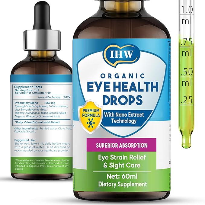 IHW 60ml Eyebright Herb Drops for Eye Health, Eye Fatigue & Dry Eye Support Herbal Supplements W/Euphrasia officinalis Bilberry Goji Leaves Blueberry Extract, Organic Eye Drops for Sight Care