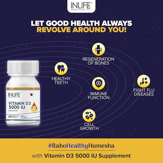 Cholecalciferol Vitamin D3 5000 IU with Coconut Oil for Back Pain Relief, Increased Energy Production, Immune Function, Heart Health, Joints & Muscle Building | Vegan GMP Tested - (60 Count)