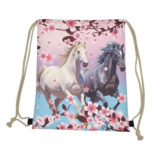 COEQINE Horse Drawstring Backpack for Girls Cherry Blossm Cute Animal Horse Bag Gym Bag Lightweight Portable School Bag First Grade