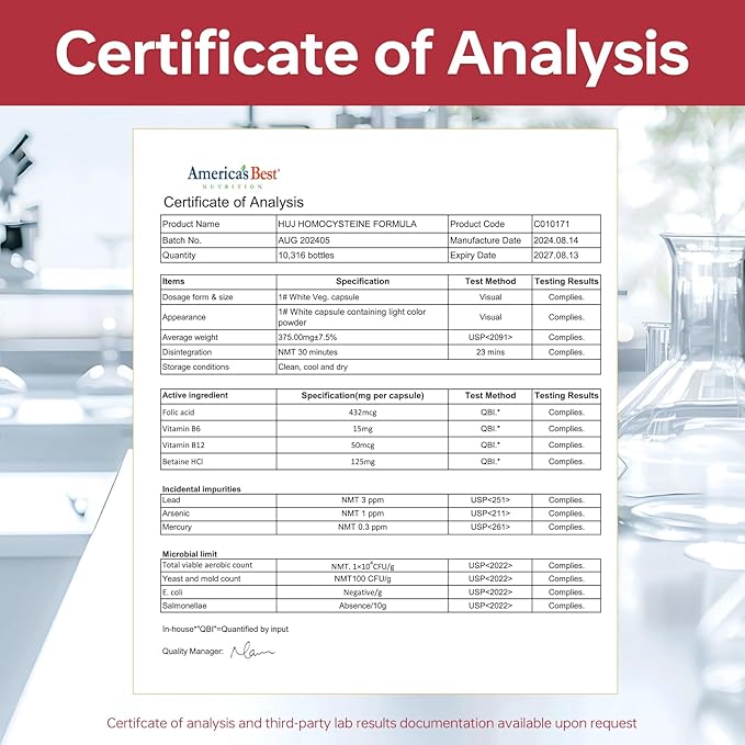 HUJ Homocysteine Formula Supplement - with B2, B12, Folate & Betaine HCl - for Homocysteine Metabolism & Methylation Support*- 60 Capsules