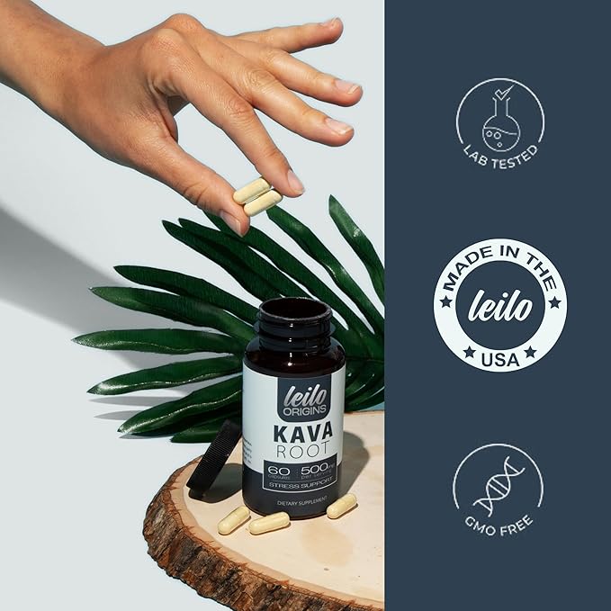 LEILO Kava Root Capsules | 500mg of Noble Extract/Serving to Support Stress and Promote Relaxation | (60 Vegan Capsules)