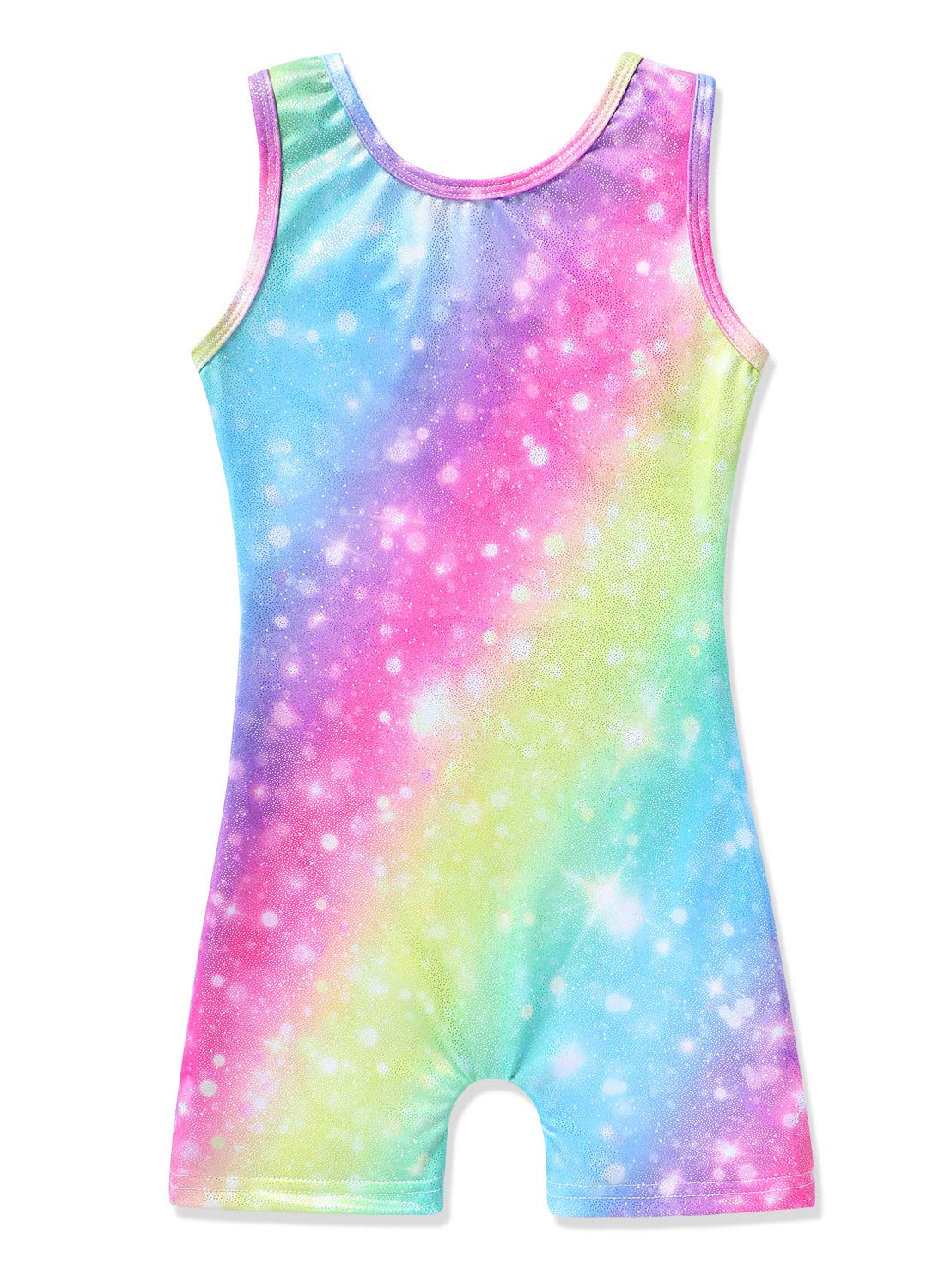 HOZIY Gymnastics Leotards for Girls With Shorts Biketards 5t 6t 5-6 Years Old Rainbow Colorful Multicolored Kids Leo Neon Blue Purple Pink Aqua Tumbling Outfits Glitter Sparkly Dance Apparel