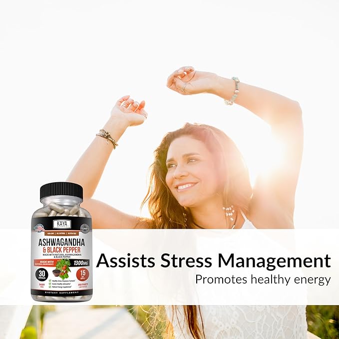 Kaya Naturals Ashwagandha Root with Black Pepper | Maximum Strength 1300mg Adaptogen Supplement, Support Adrenal, Glandular Health, Mood Relief, Focus, Energy & Vitality for Men & Women