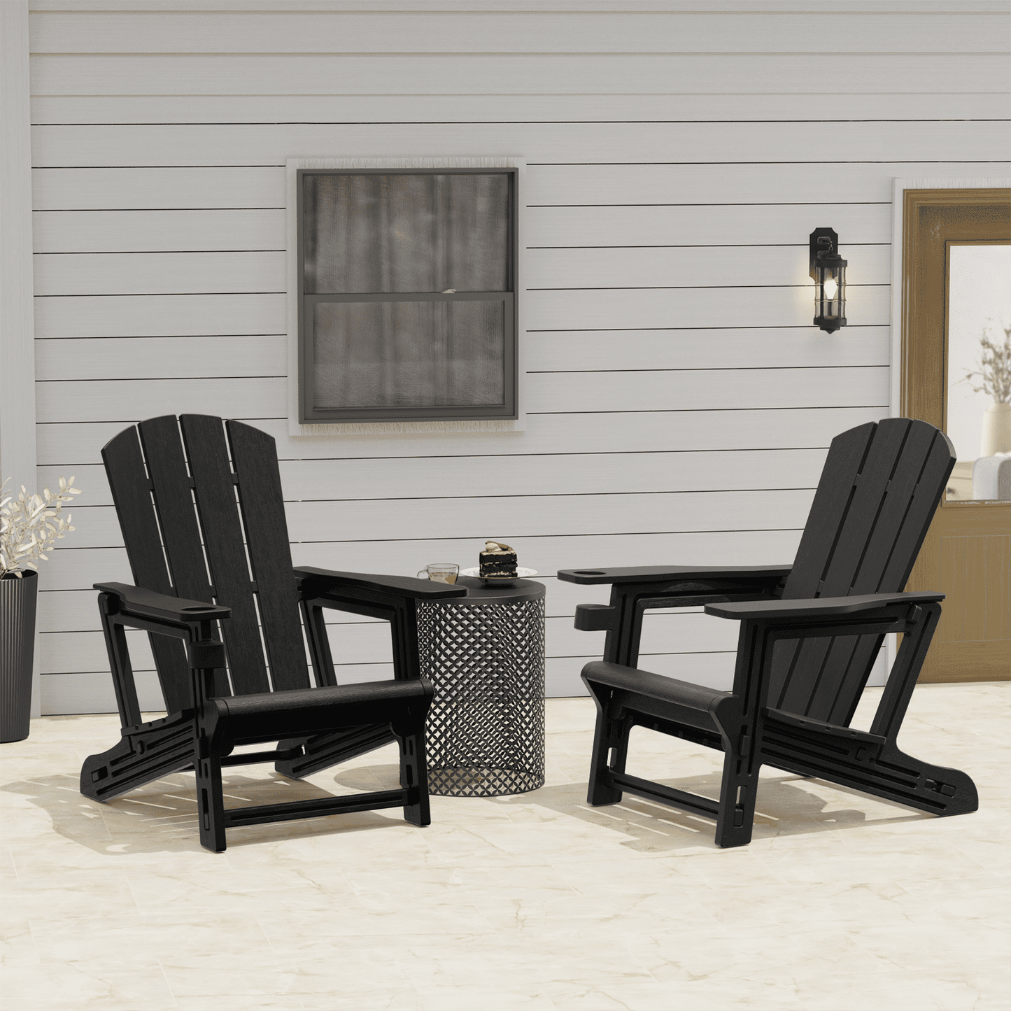Chiccushion Adirondack Chair with Cup Holder, HDPE All-Weather Patio Chairs for Poolside, Backyard, Deck, Fire Pit, Black