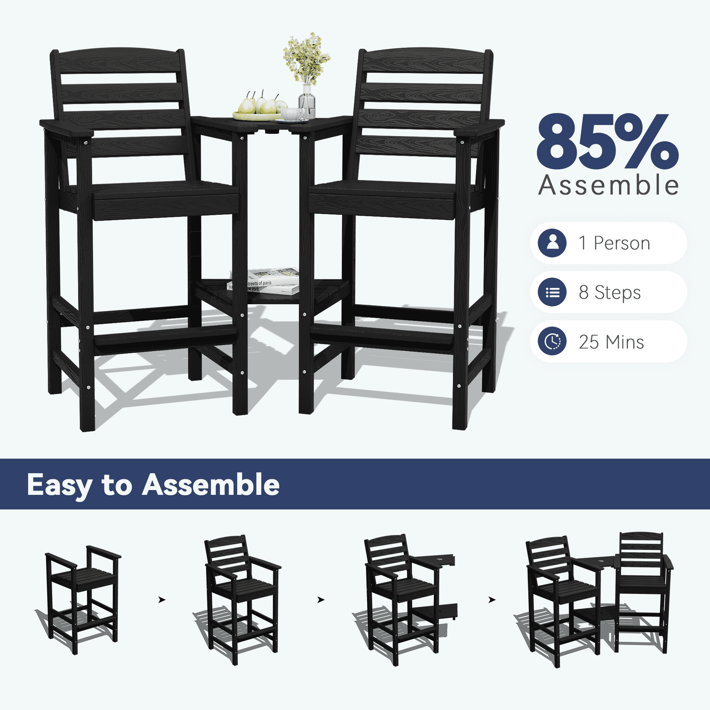 JUSTLET Tall Adirondack Chair Set of 2 with Double Connecting Tray, HDPE Outdoor Weather Resistant Patio Bar Stools for Patio, Balcony, Porch, Black