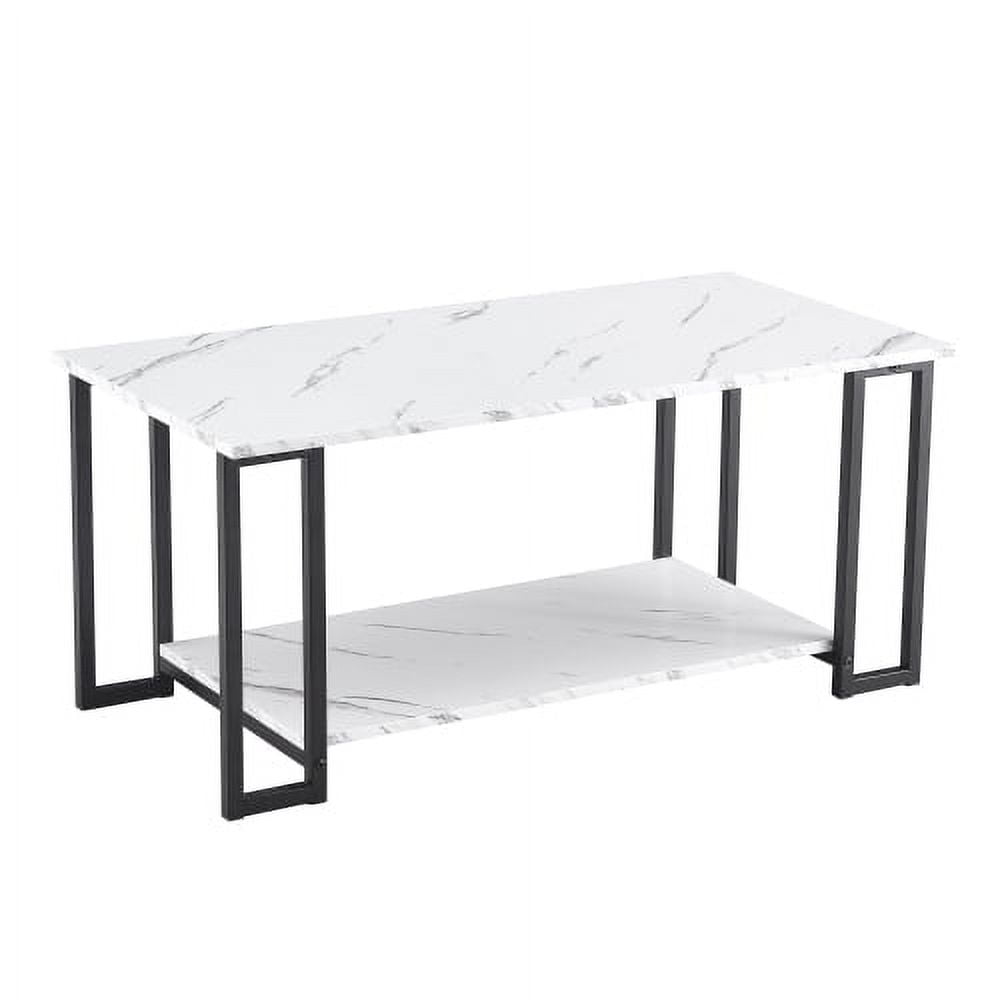 Coffee Table, 2 Layers 1.5Cm Thick Marble Mdf Rectangle 39.37" L Tabletop Iron Coffee Table , Dining Room, Coffee Shop, Resterant, White Top, Black Leg