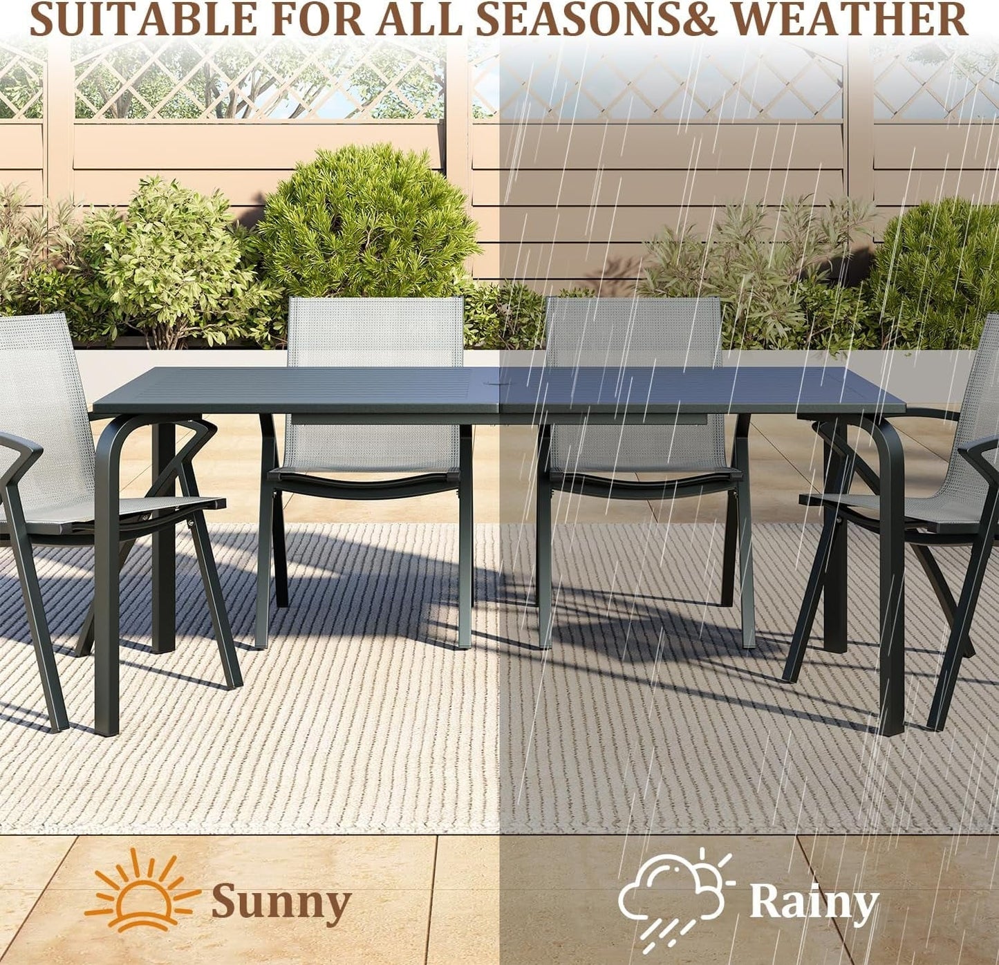 71" x 35" Outdoor Dining Table - 8-Person Aluminum Patio Table with Slatted Top & Umbrella Hole,All-Weather Black for Backyard/Garden/Lawn