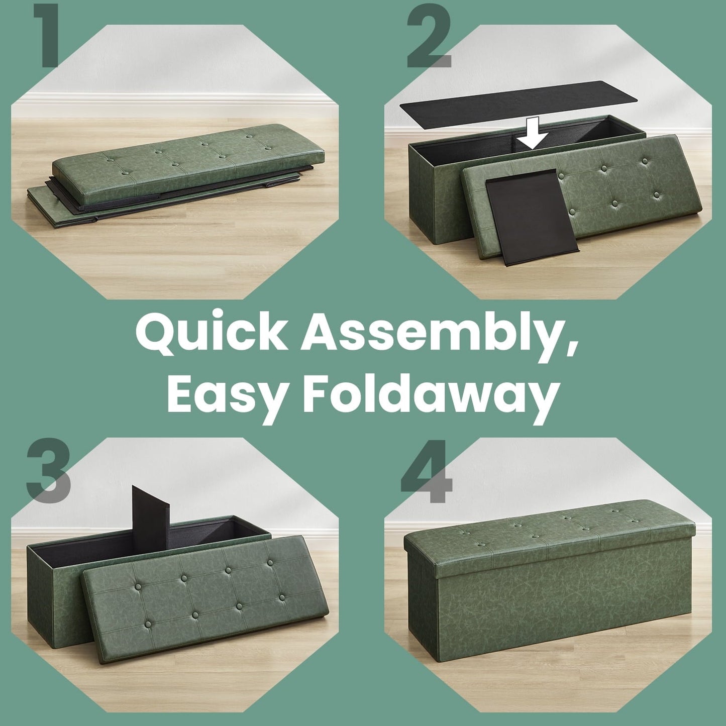 LEDREM 43" Foldable Storage Ottoman Bench, 660lb Capacity, Multifunctional Footrest Stool, Quick Assembly, Synthetic Leather, Forest Green