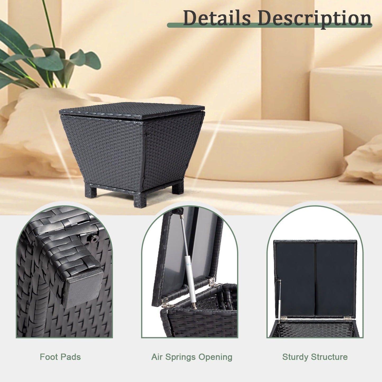 Ktaxon Wicker Side Table with Storage, 13 Galllon Ratten Storage Side Box Container, Wicker Storage Coffee Table for Outdoor Indoor, Black