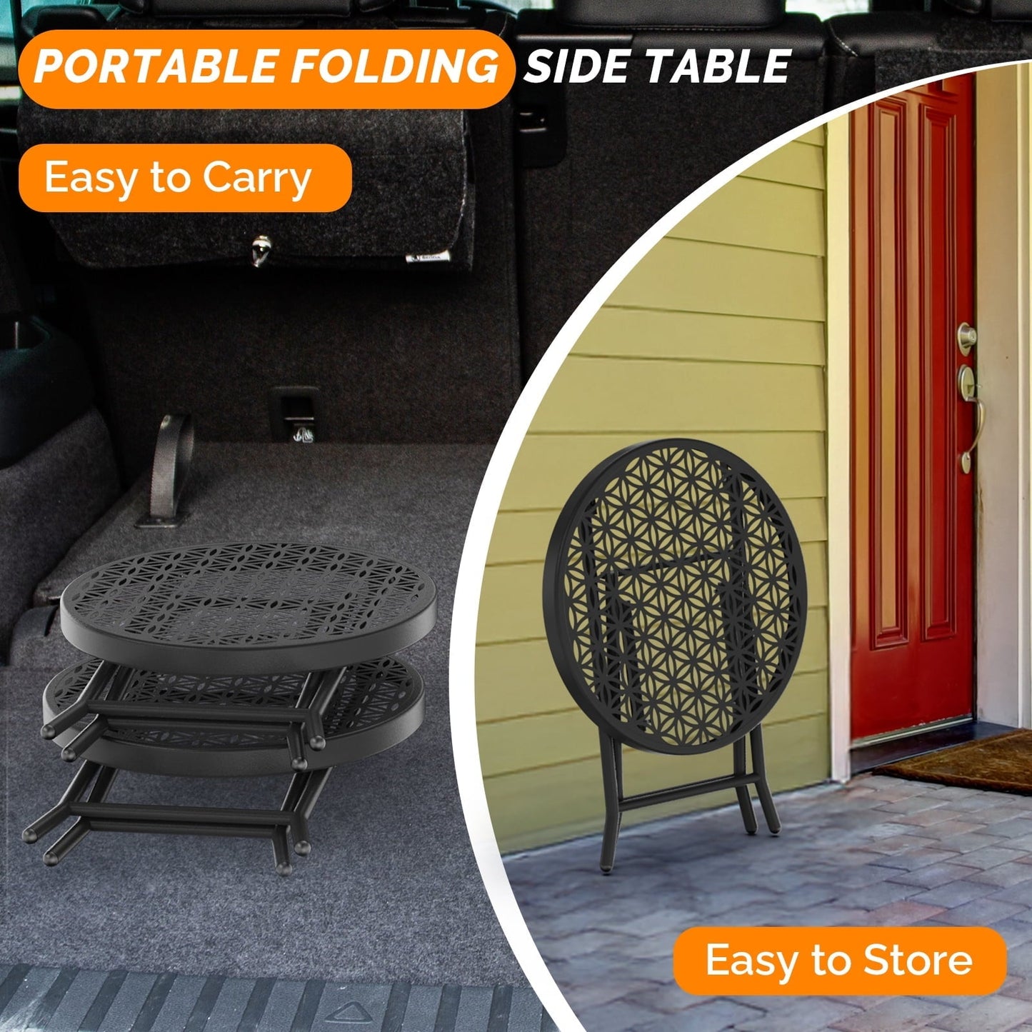 Ktaxon Folding Side Table, Patio Small End Table with X-Shaped, Outdoor Metal Floral Pattern Table for Balcony  Porch Backyard Deck, Black