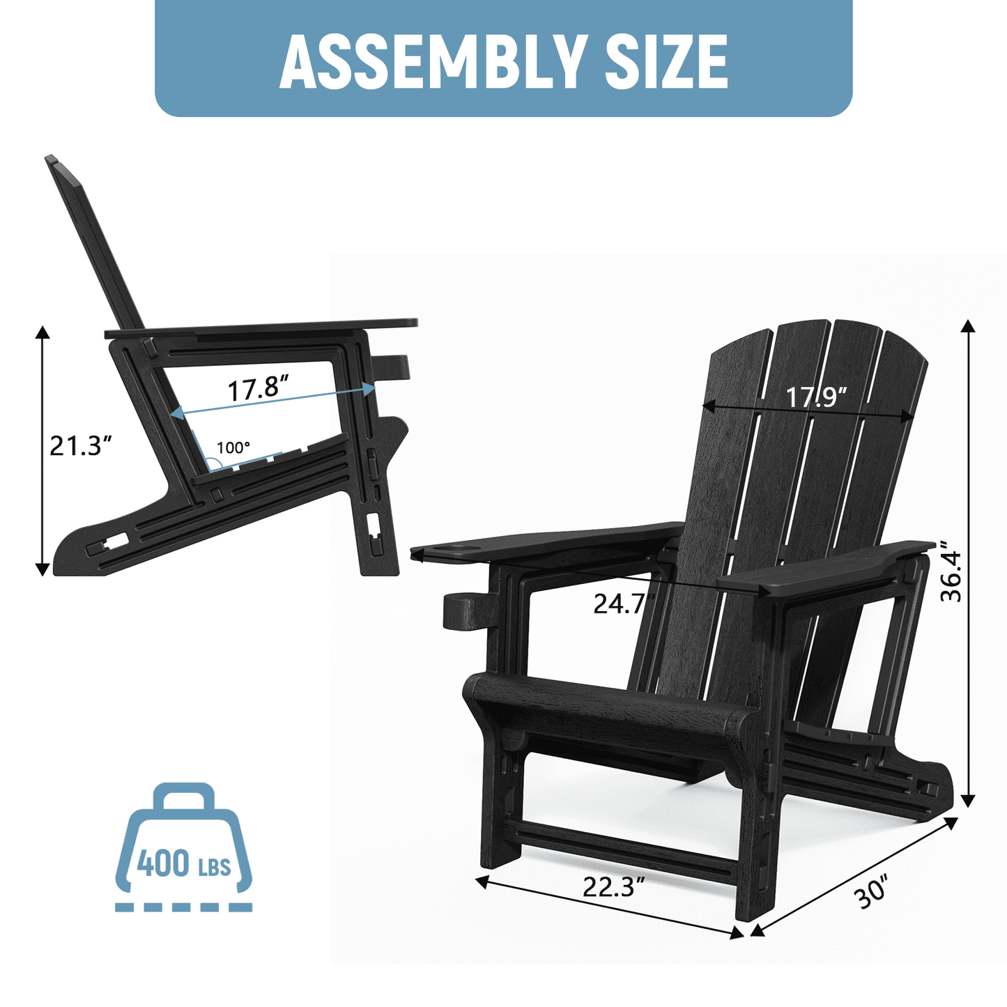Chiccushion Adirondack Chair with Cup Holder, HDPE All-Weather Patio Chairs for Poolside, Backyard, Deck, Fire Pit, Black