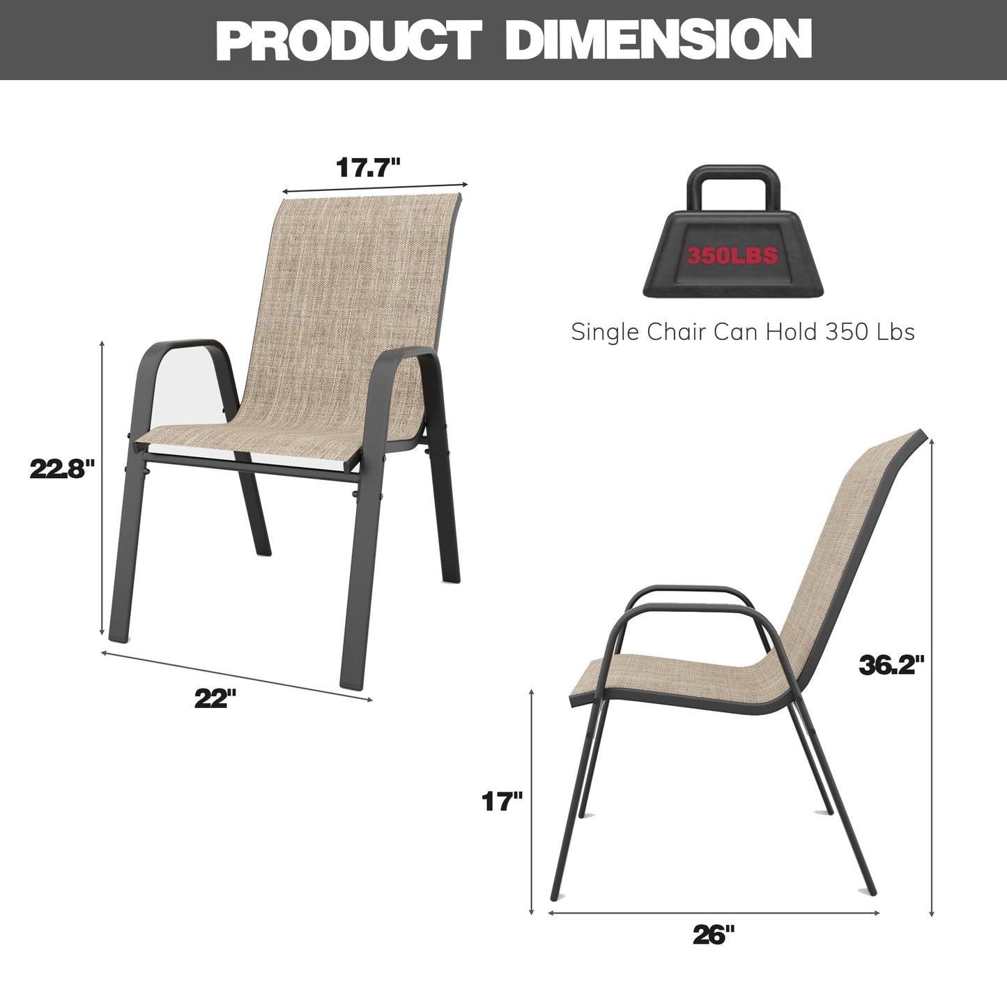 CHINNLUU Patio Dining Chairs Set of 4 Outdoor Stackable Dining Chairs for All Weather 330lbs Capacity Heavy Duty Metal Frame Patio Furniture for Backyard Garden Poolside (Brown)