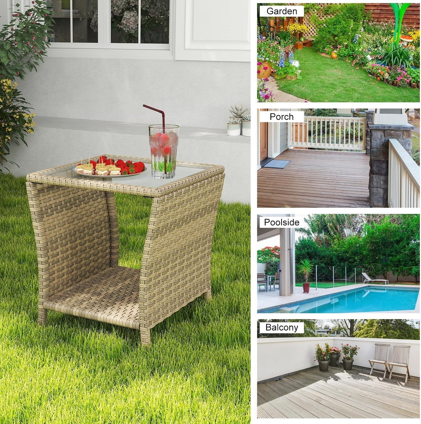 Kinbor Small Patio Table, Tempered Glass Top Outdoor Wicker Side Table with Storage Shelf, Durable PE Rattan & Iron Frame, Mixed Dark Brown