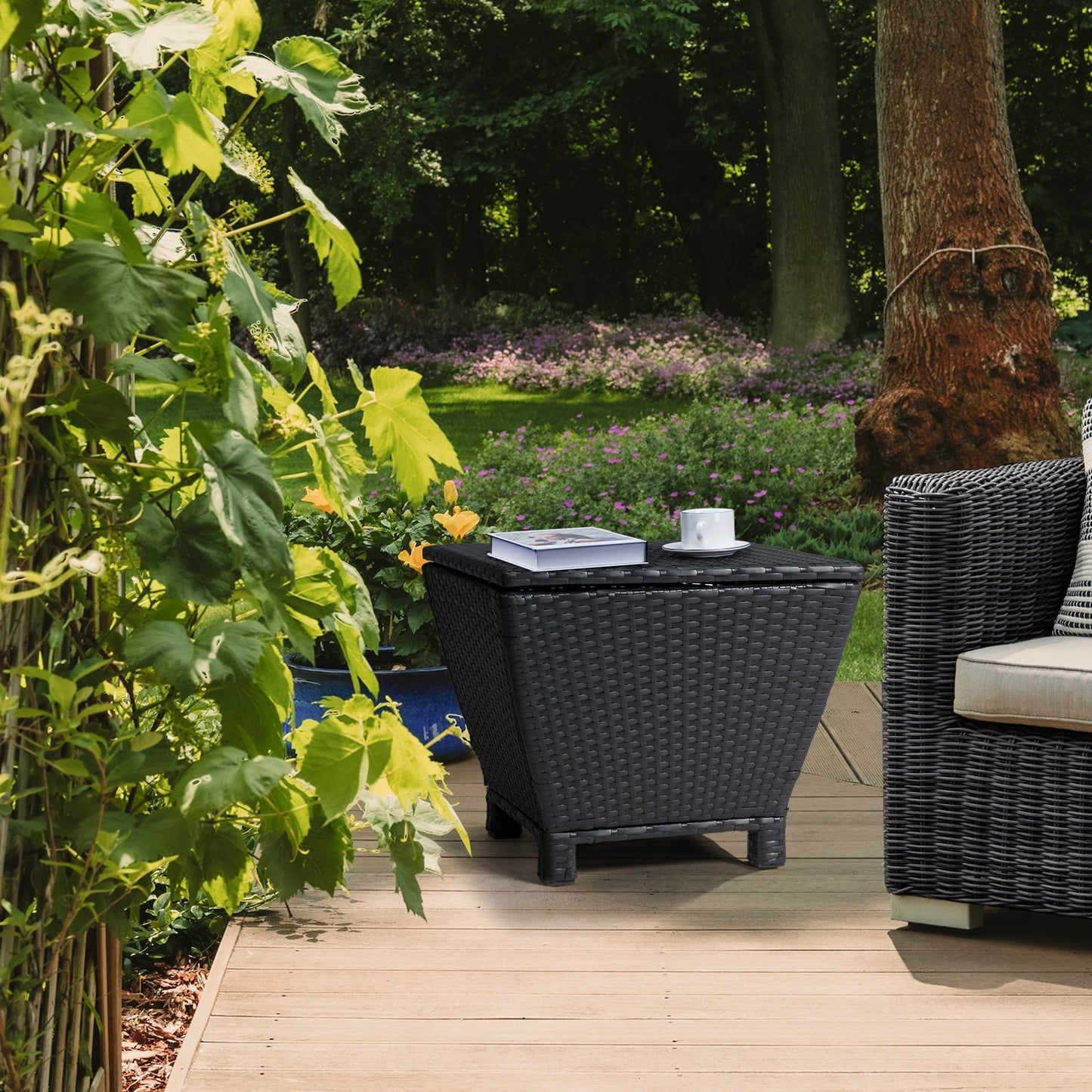 Ktaxon Wicker Side Table with Storage, 13 Galllon Ratten Storage Side Box Container, Wicker Storage Coffee Table for Outdoor Indoor, Black