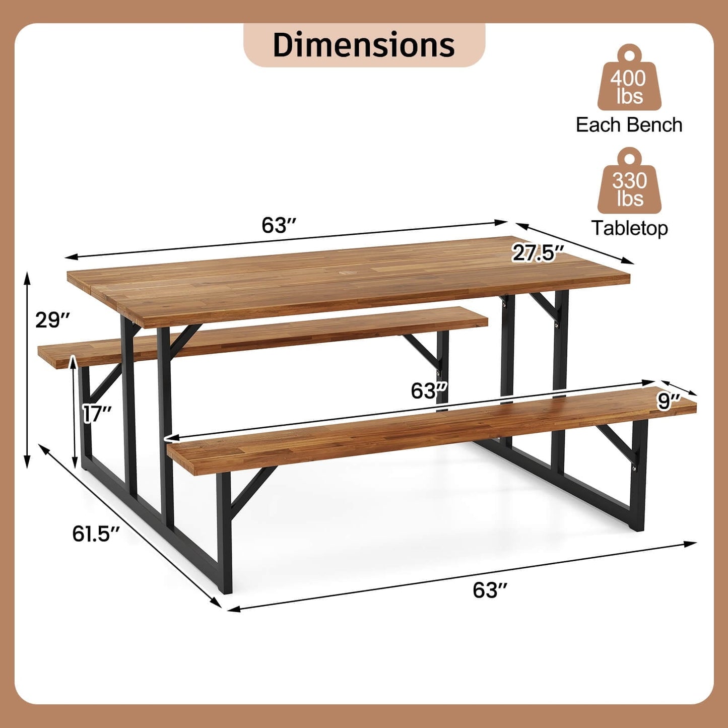 Costway 6-Person Acacia Wood Picnic Table with 2 Built-In Benches Umbrella Hole Metal Frame