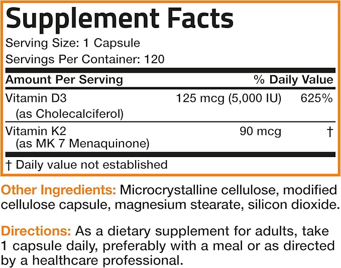 Bronson Vitamin K2 (MK7) with D3 Supplement Non-GMO Formula 5000 IU Vitamin D3 & 90 mcg K2 MK-7 Easy to Swallow D & K Complex, 120 Capsules