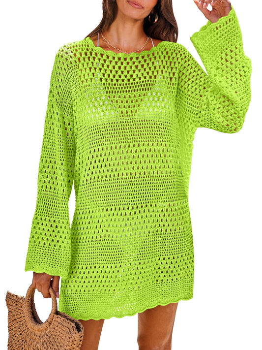 ANRABESS Women Swimsuit Crochet Swim Cover Up 2024 Summer Bathing Suit Swimwear Mesh Knit Beach Dress Vacation Outfits Green Small