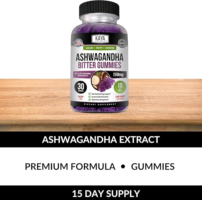 Kaya Naturals Ashwagandha Bitter Gummies - Natural Stress Relief, Boost Energy & Mental Clarity, Non-GMO, Gluten-Free, Chewable Gummies - 30 Count