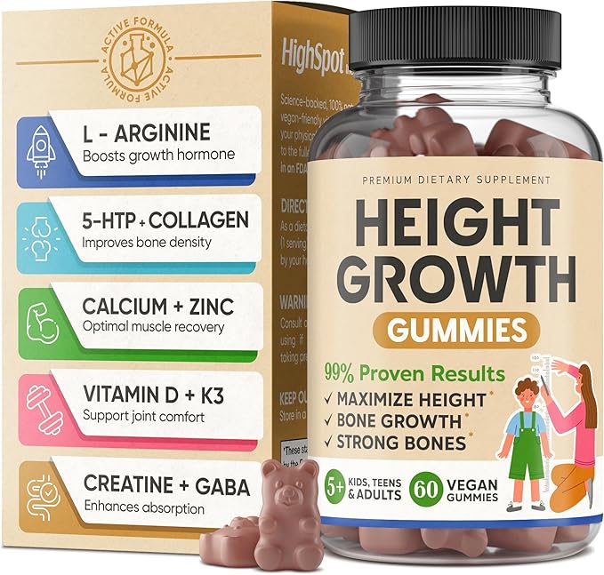 Height Growth Increase Vitamin Gummies, Calcium, Magnesium, Zinc, Ashwagandha, Glucosamine Grow Tall Supplement, Multivitamin for Kids, Teens, Adults