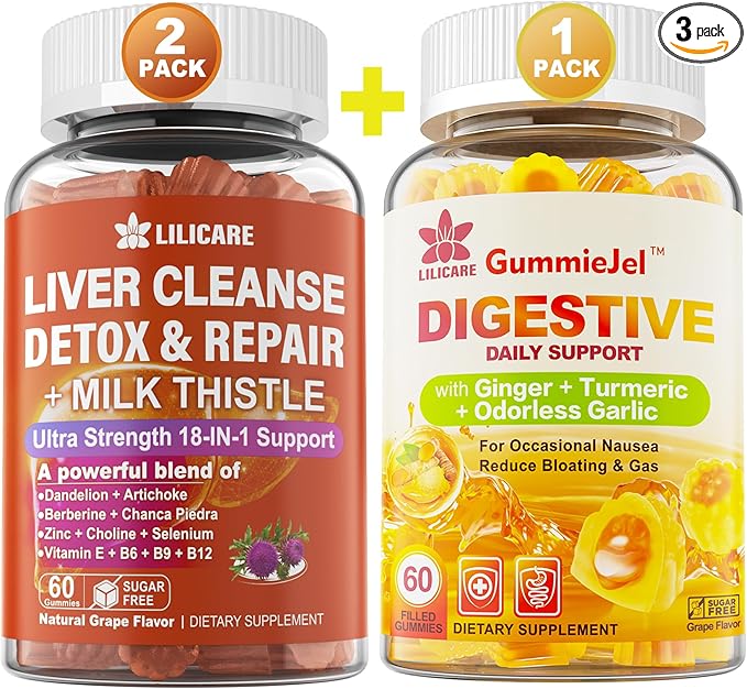 Bundle Ginger Chews Supplement Gummies for Nausea, Stomach Relief & Liver Cleanse Detox & Repair Gummies with Milk Thistle