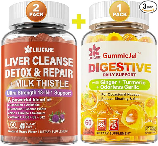 Bundle Ginger Chews Supplement Gummies for Nausea, Stomach Relief & Liver Cleanse Detox & Repair Gummies with Milk Thistle