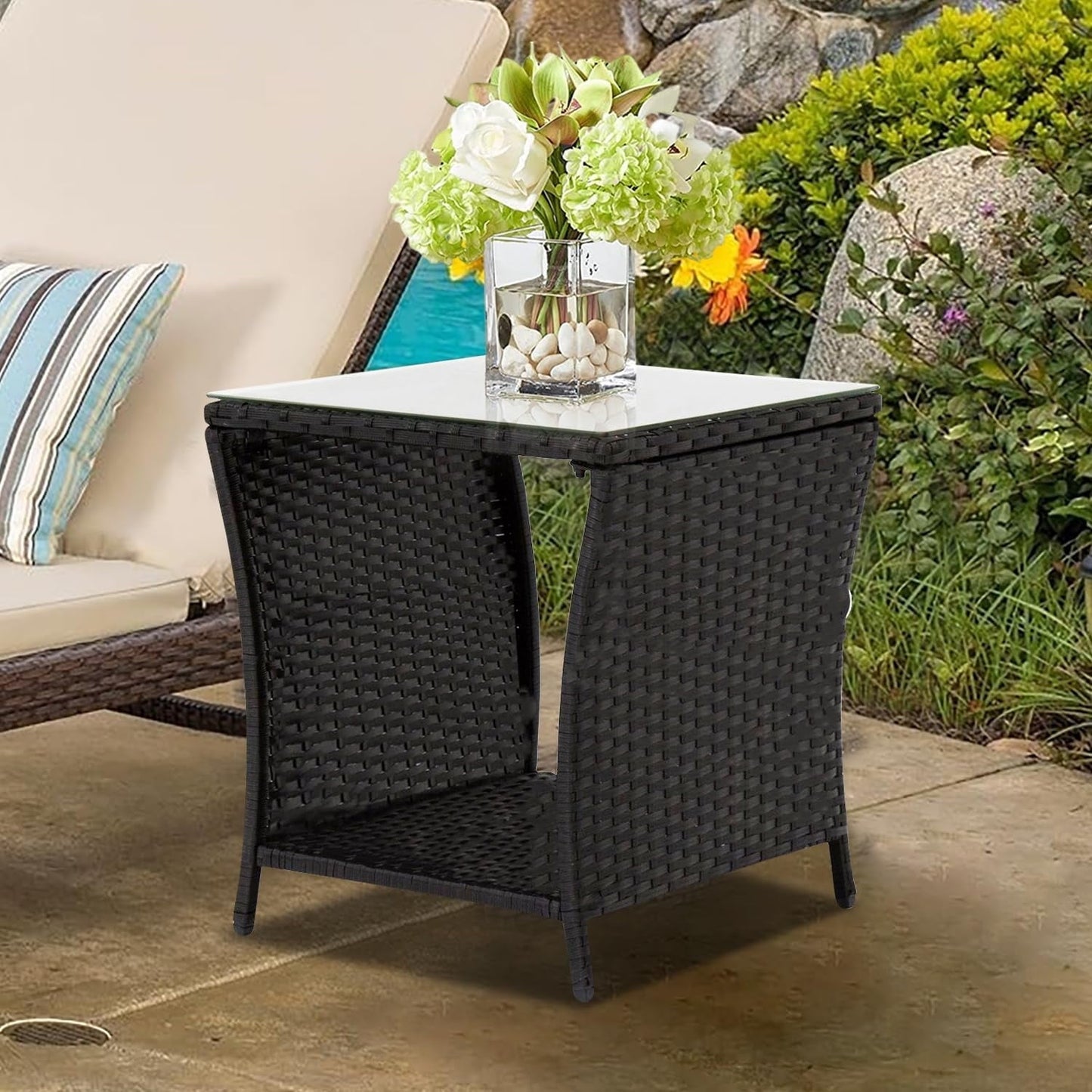 Kinsuite PE Rattan Patio Side Table - Outdoor Wicker End Table with Glass Top, Rattan Coffe Table in Iron Frame for Backyard Balcony Poolside, Black