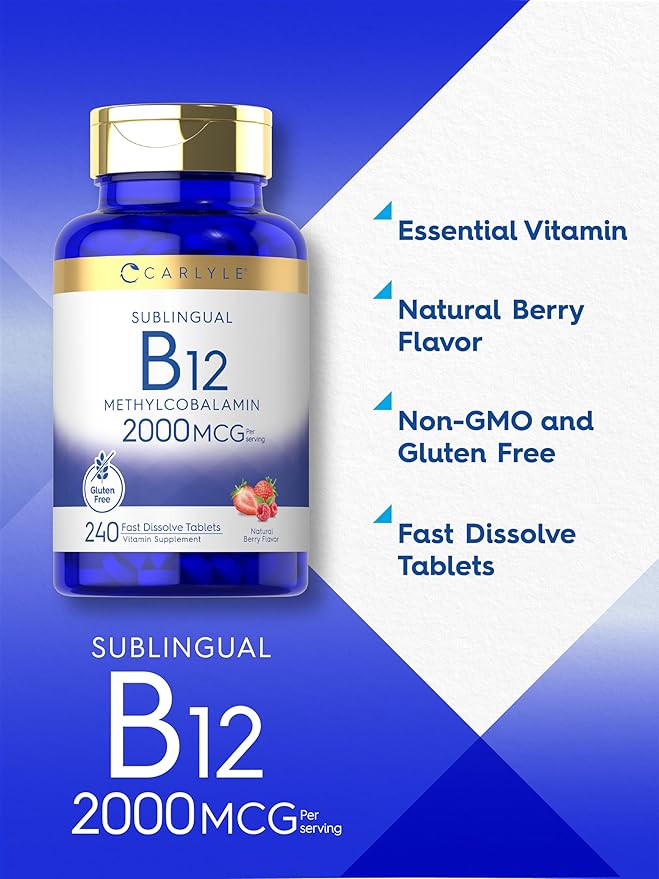 Carlyle B12 Vitamin 2000 mcg | 240 Fast Dissolve Tablets | Sublingual Methylcobalamin | Berry Flavor | Vegetarian, Non-GMO & Gluten Free Supplement